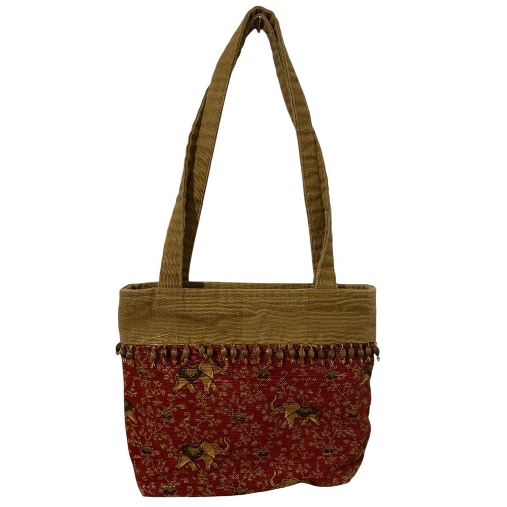 Elephant Purse Tote  Bag Tan Maroon Beads Safari African Pockets Inside Zipper - Picture 4 of 6